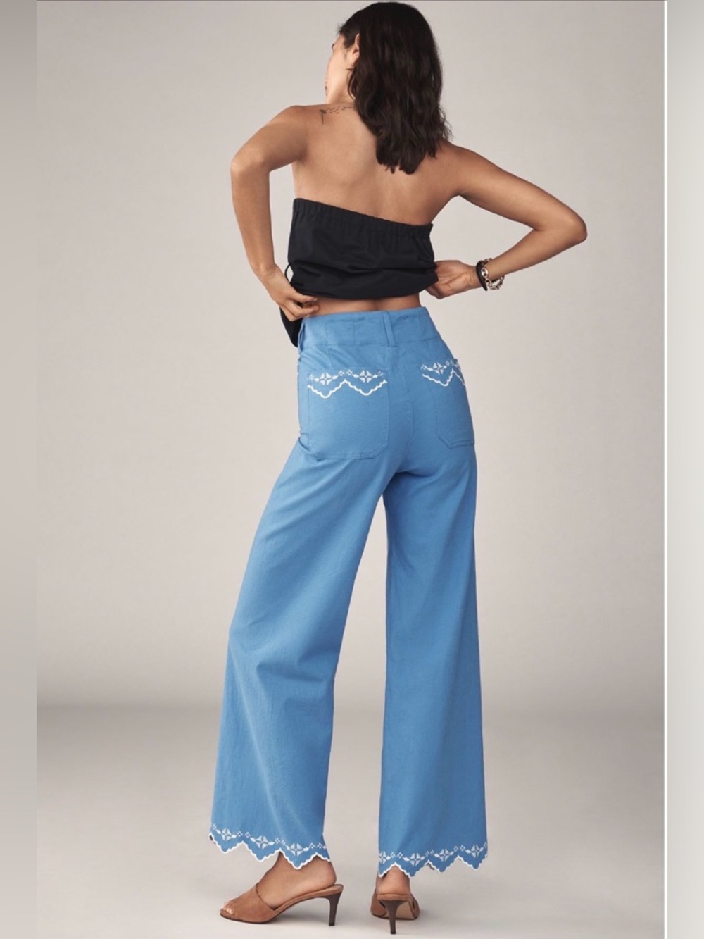 Anthropologie Colette Blue Linen Lace Trim Full Length Wide Leg Pants Maeve 30 - Picture 11 of 12